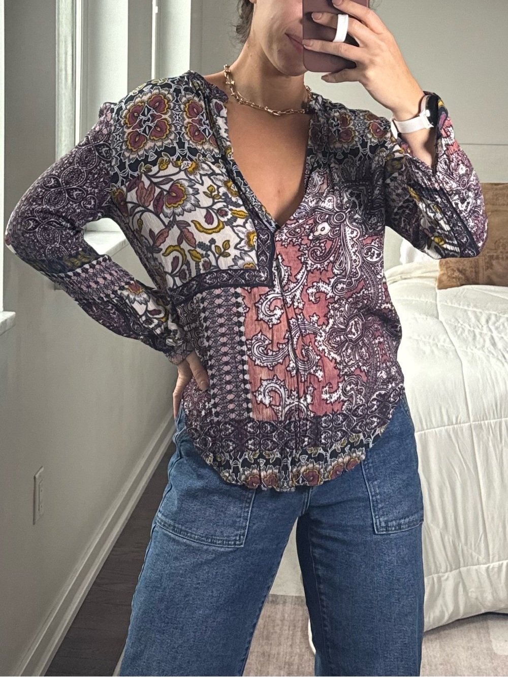 Olivaceous Multicolor Patterned V-Neck Blouse